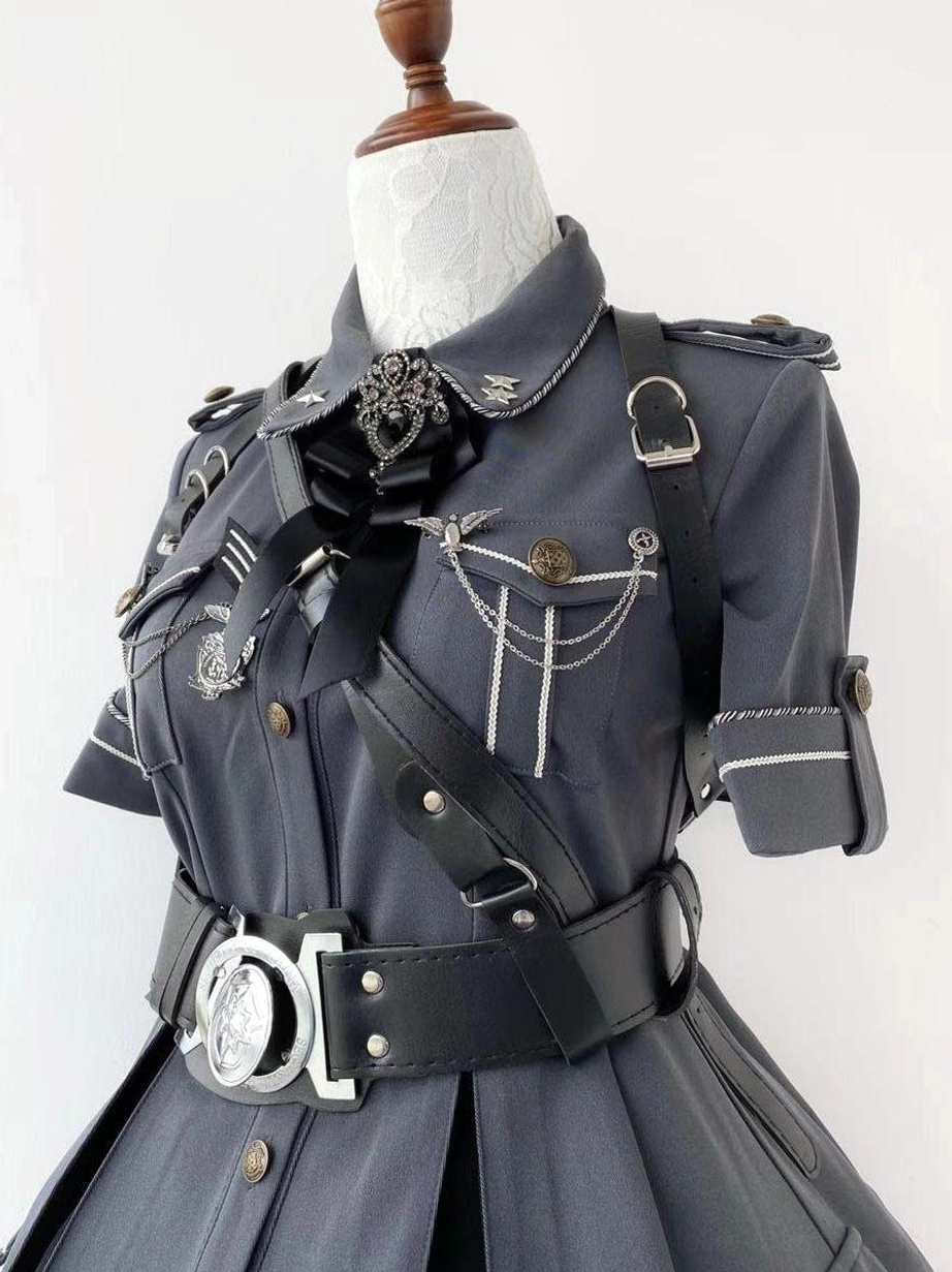 Gray military short-sleeve Lolita dress front full view mannequin silver military badges wide leather waist belt crossbody strap