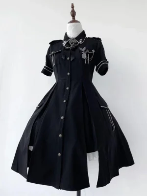 Military Lolita dress rear side full view showing split high-low skirt hemline front buttoned closure and structural back silhouette