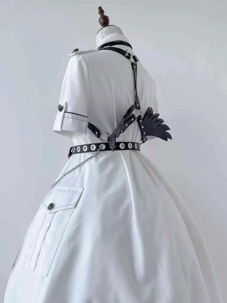 Military Lolita army dress additional angle mannequin view showcasing complete silhouette tactical design elements and dress structure