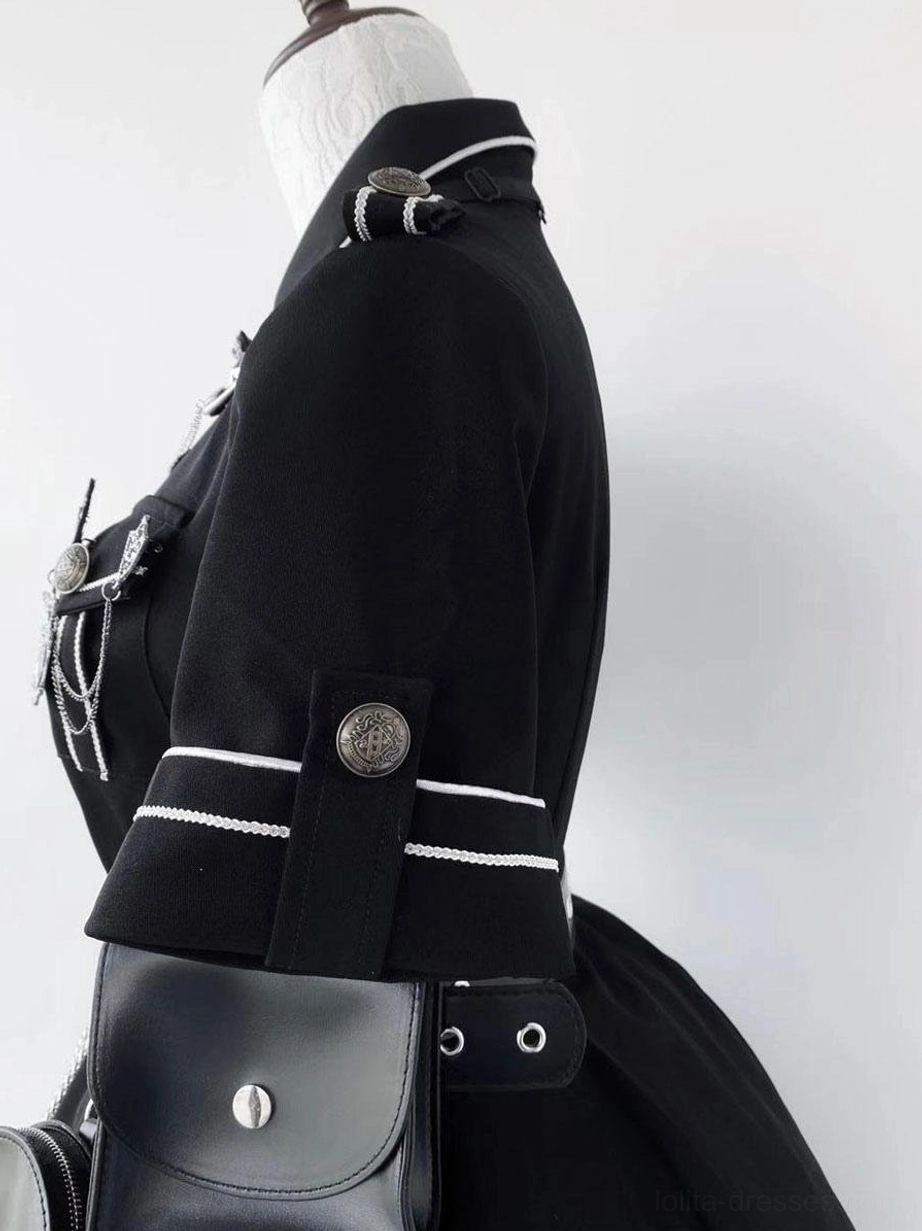Close-up detail military Lolita dress sleeve rear side view mannequin striped cuffs metal buttons attached leather pocket