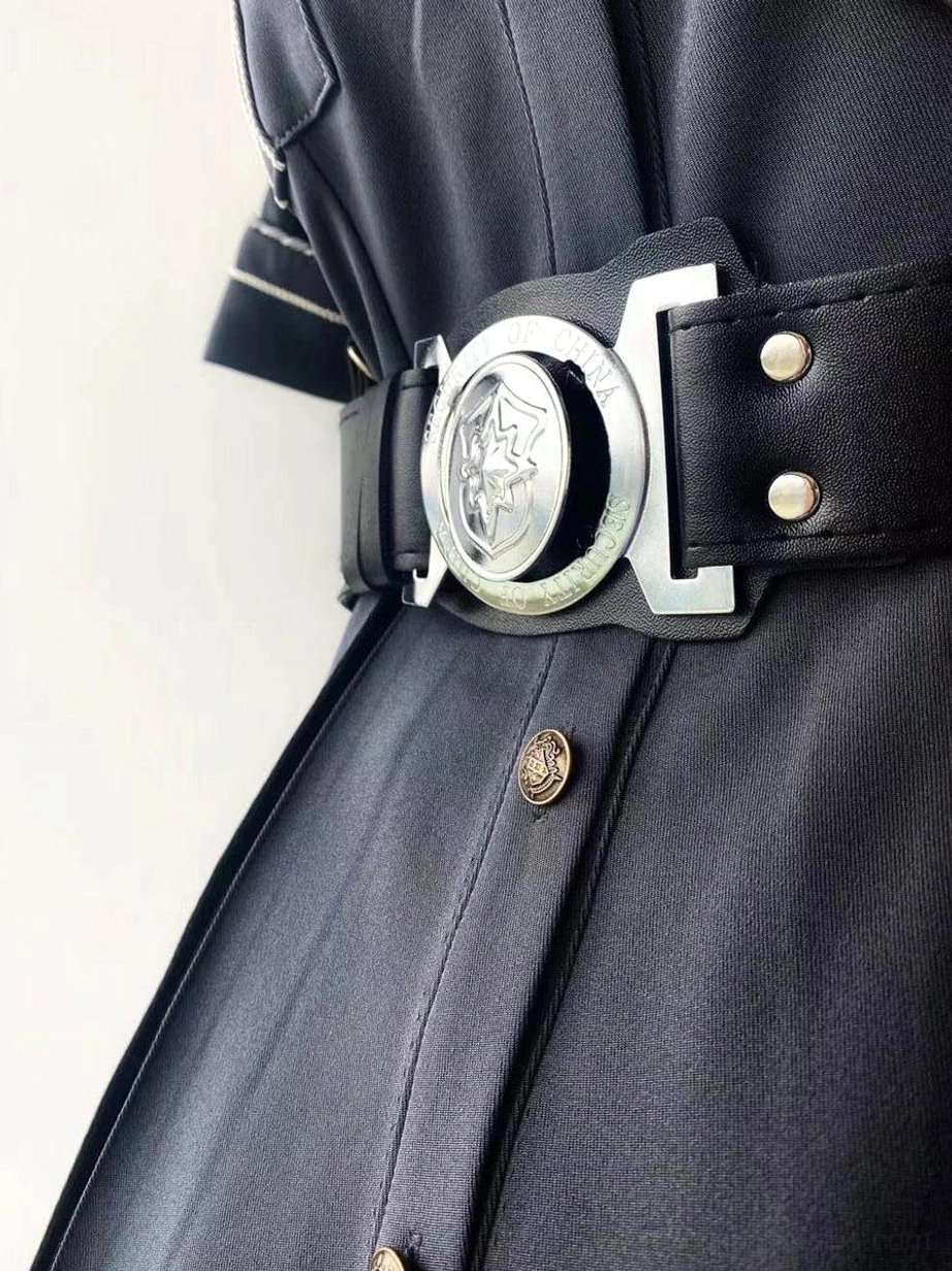 Close-up detail Lolita dress waist front large circular silver belt buckle metal rivets fabric buttons military hardware