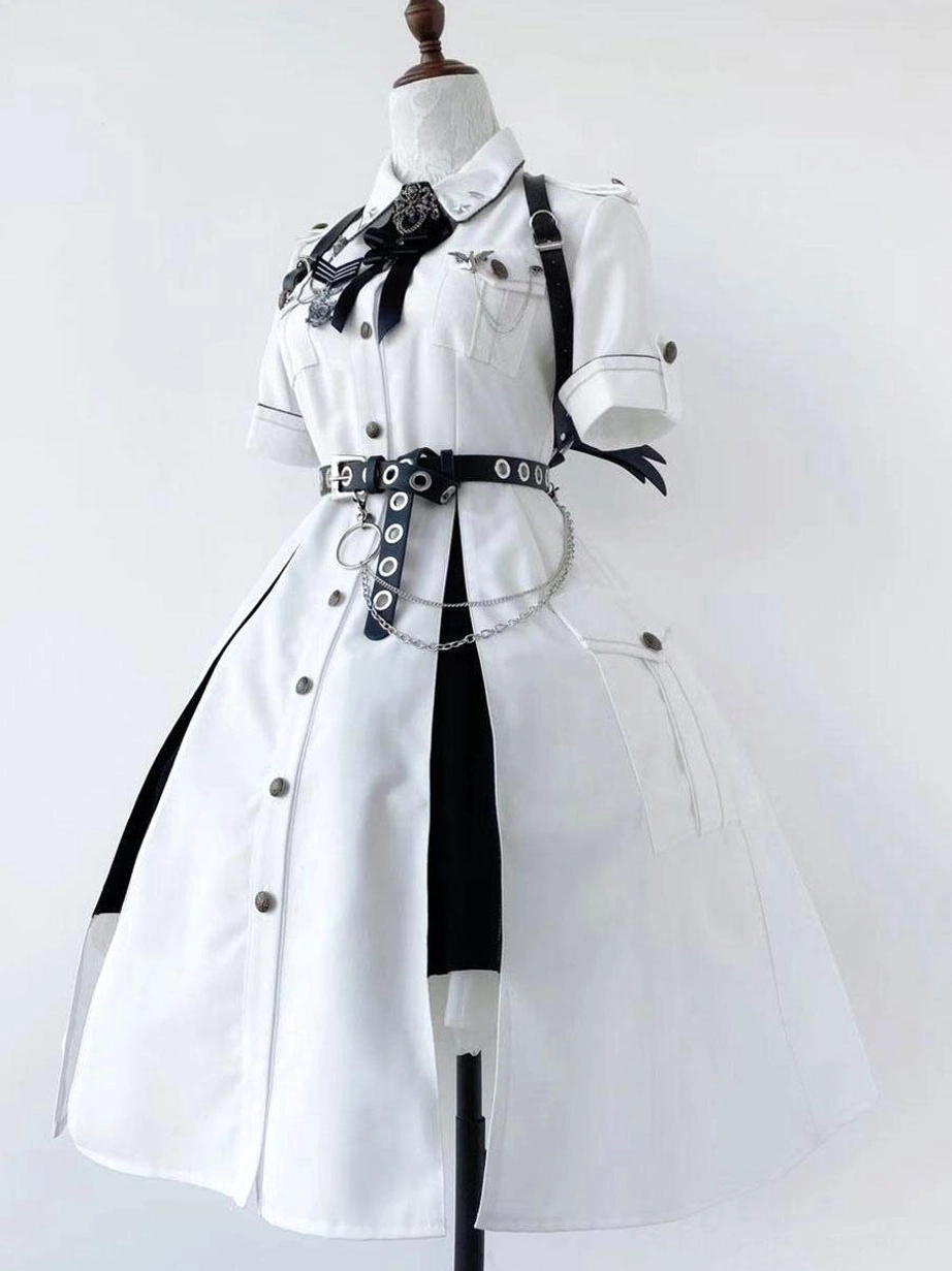 White military style short-sleeve Lolita dress front full view mannequin black trim accents bow necktie waist chain details