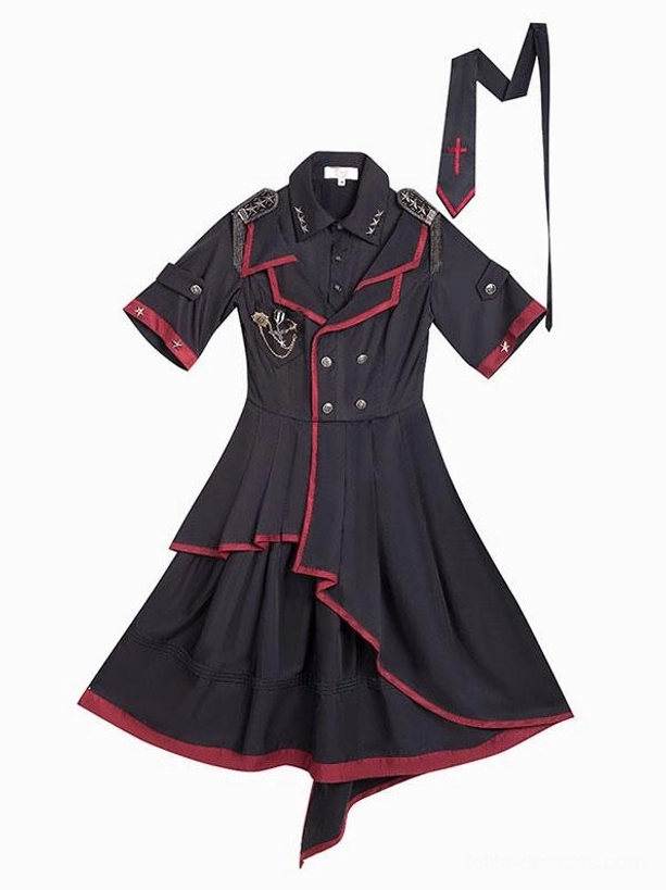 Military lolita dress top double-breasted buttons cross-pattern necktie military badge decorations flat lay