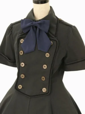 Military Lolita dress close-up front bodice large navy blue bow tie metal buttons decorative placket puff short sleeves