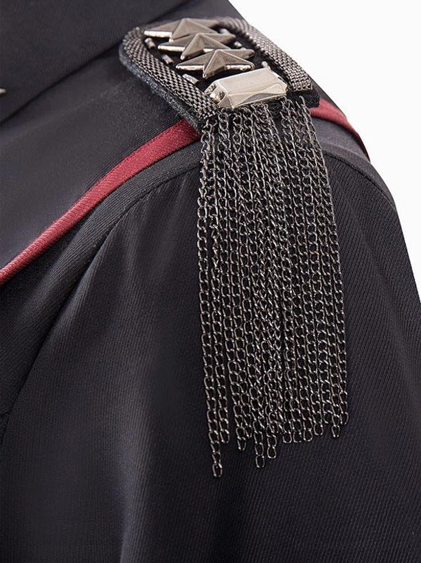 Military lolita dress shoulder epaulet star-shaped metal studs tassel chain red collar trim close-up
