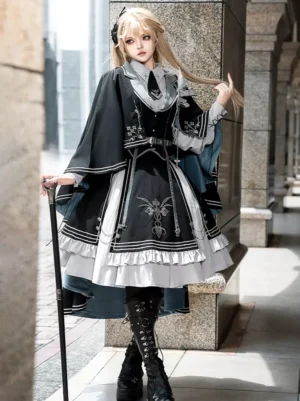 Military Lolita ensemble side three-quarter view layered ruffled skirt silver chain waist hardware feather details holding walking cane stone arcade background