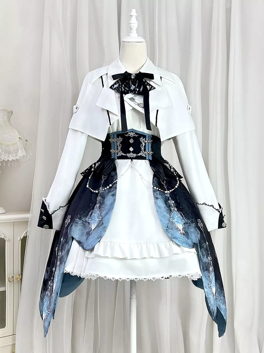 Military Ouji Lolita dress set displayed on mannequin indoor home backdrop sheer curtains details