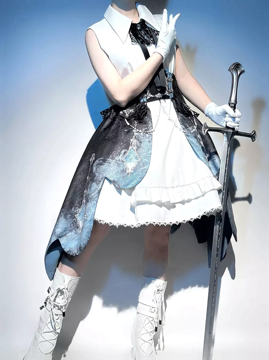 Military Ouji Lolita sleeveless front view bow necktie fitted waist corset sword pose