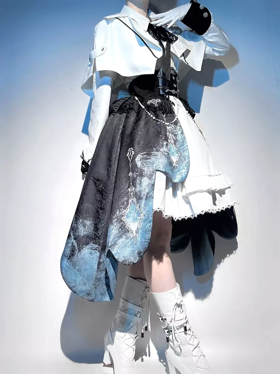 Sleeveless military Ouji Lolita left side view long white gloves fitted corset jumper dress
