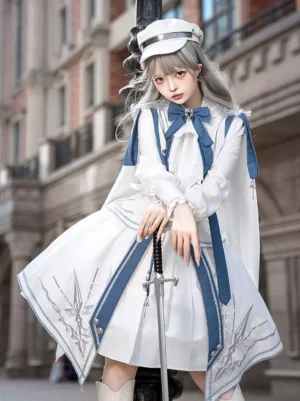 Military Ouji lolita half body portrait with detachable asymmetrical cape and blue military cap