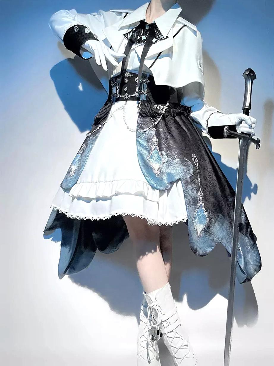 Military Ouji Lolita left three-quarter view cropped white coat gradient blue pattern details