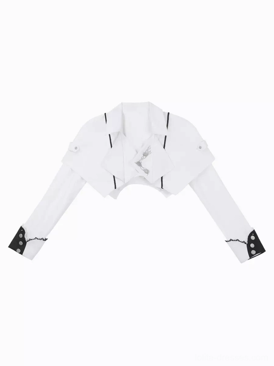 Military Ouji Lolita dress close-up lace trims bow details white overcoat craftsmanship