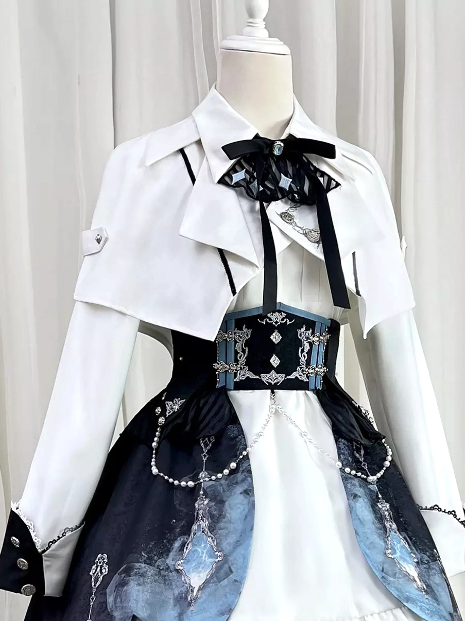 Military Ouji Lolita white dress set detail view bow necktie black corset waist embellishments