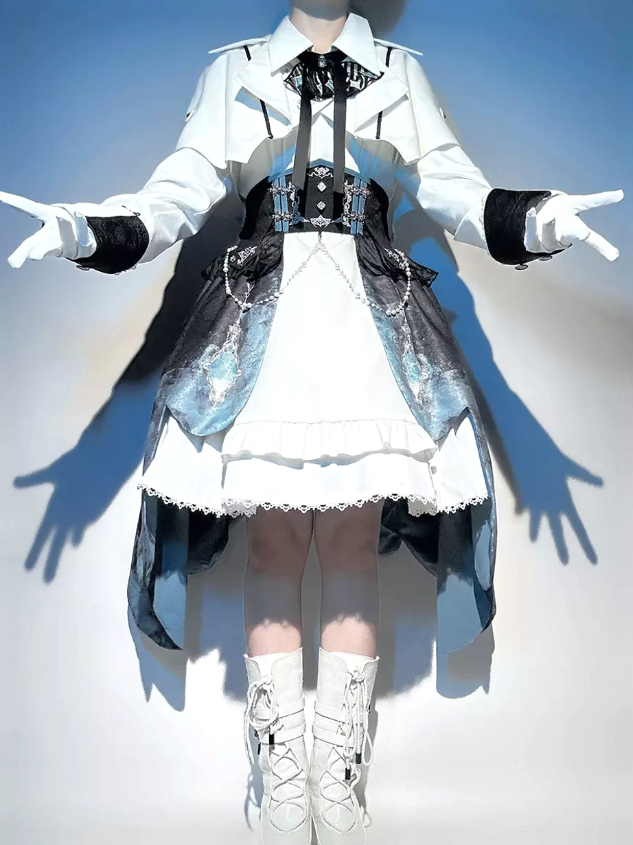 Military Ouji Lolita full front view gloved model black corset waist ruffled white underskirt