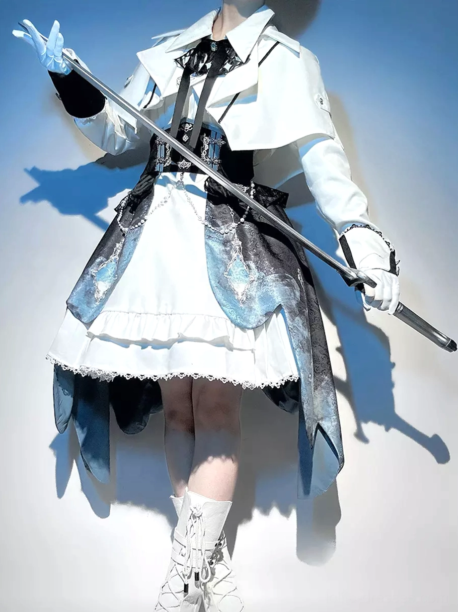 Military Ouji Lolita front full view white lace-up boots matching outfit sword extended pose
