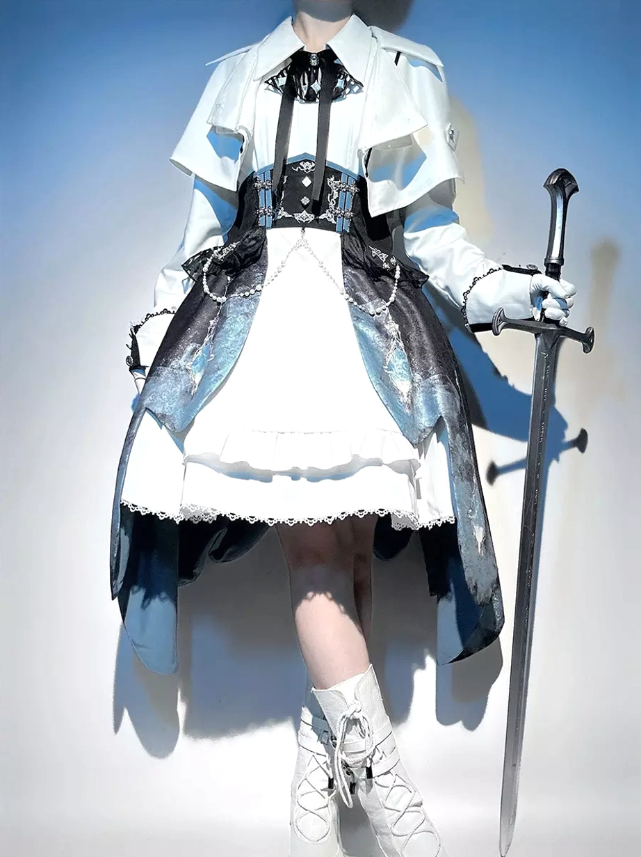 Military Ouji Lolita dress set front oblique view white overcoat asymmetrical skirt studio model longsword