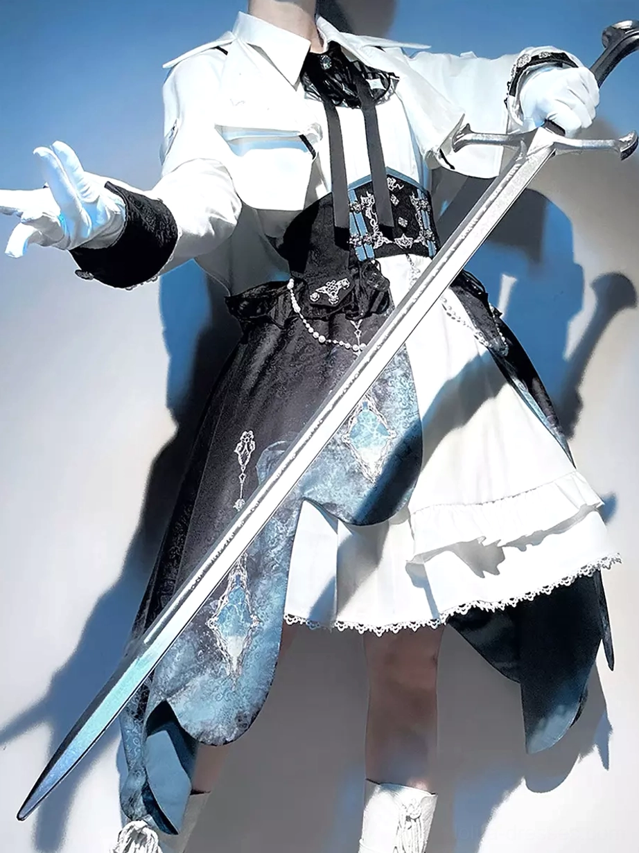 Military Ouji Lolita right side view high-low overskirt shiny blue printed fabric gradient design