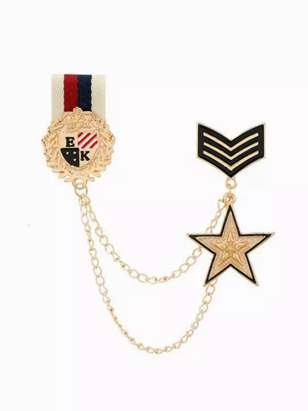 Military themed brooch set accessories golden metal rank star ornaments chain decorations flat lay product shot metal details for lolita dress