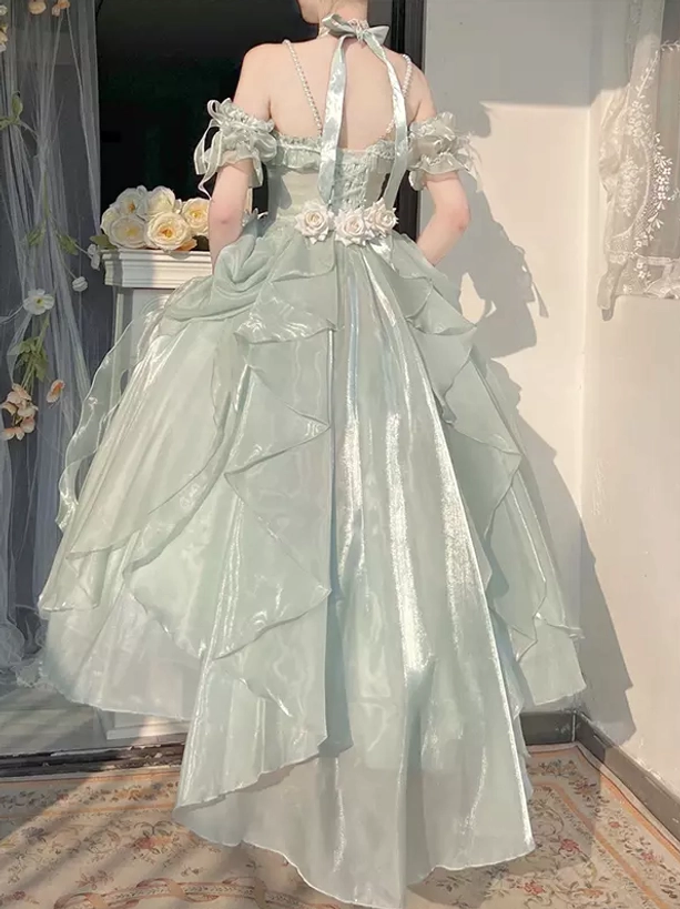 Mint green frilly sweet lolita dress back view off-shoulder tie-up straps ruffled big skirt vintage indoor aesthetic lolita fashion