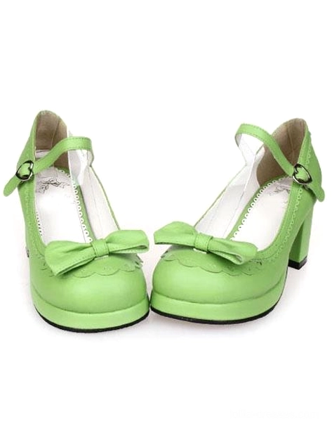Mint green sweet lolita chunky heel shoes with bow detail and ankle buckle strap side oblique view