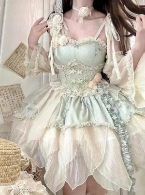 Close-up front bust to full dress view of mint green fairy lolita gown with flower choker necklace and detachable puff sleeves, showcasing corset lacing details and lace overlays in vintage indoor setting