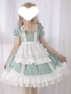 Maid lolita dress front view model wearing pearl necklace puff sleeves square neckline mint green white two-tone ruffled design
