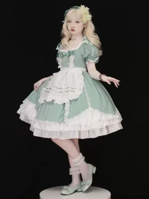 Mint green sweet maid lolita dress with white lace ruffles side view full body shot puff square collar detachable white apron