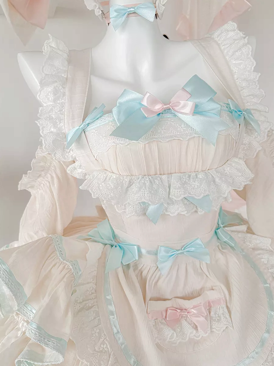 Mint green rabbit maid lolita dress full-length side profile view showing silhouette, tiered ruffled construction, and complete ensemble with accessories