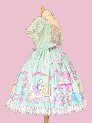 Mint green sweet lolita dress back side view with striped base fabric back bow ruffled skirt lace hem on wooden dress form pink background
