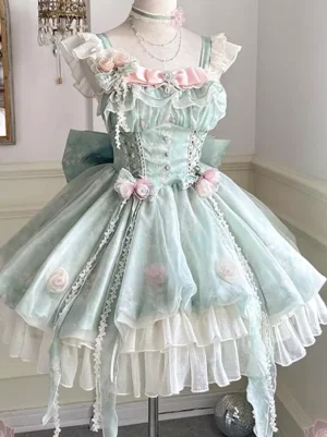 mint green sweet lolita dress front flat lay display featuring ruffled tiered skirt pink floral appliques and fitted bodice