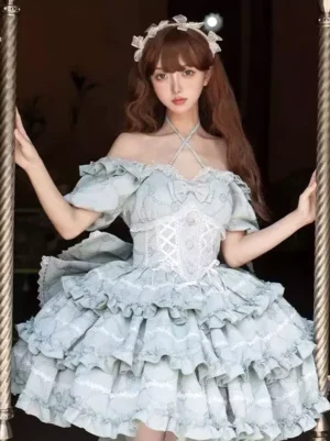 Mint green sweet lolita princess dress off-shoulder tiered ruffle corset lace bodice short sleeve puffed sleeves front view model