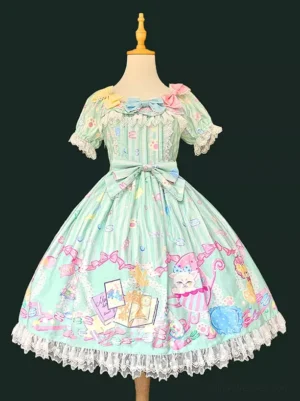 Mint green sweet lolita dress sleeveless front view with lace-trimmed short sleeves cartoon prints waist bow white lace hem on wooden dress form