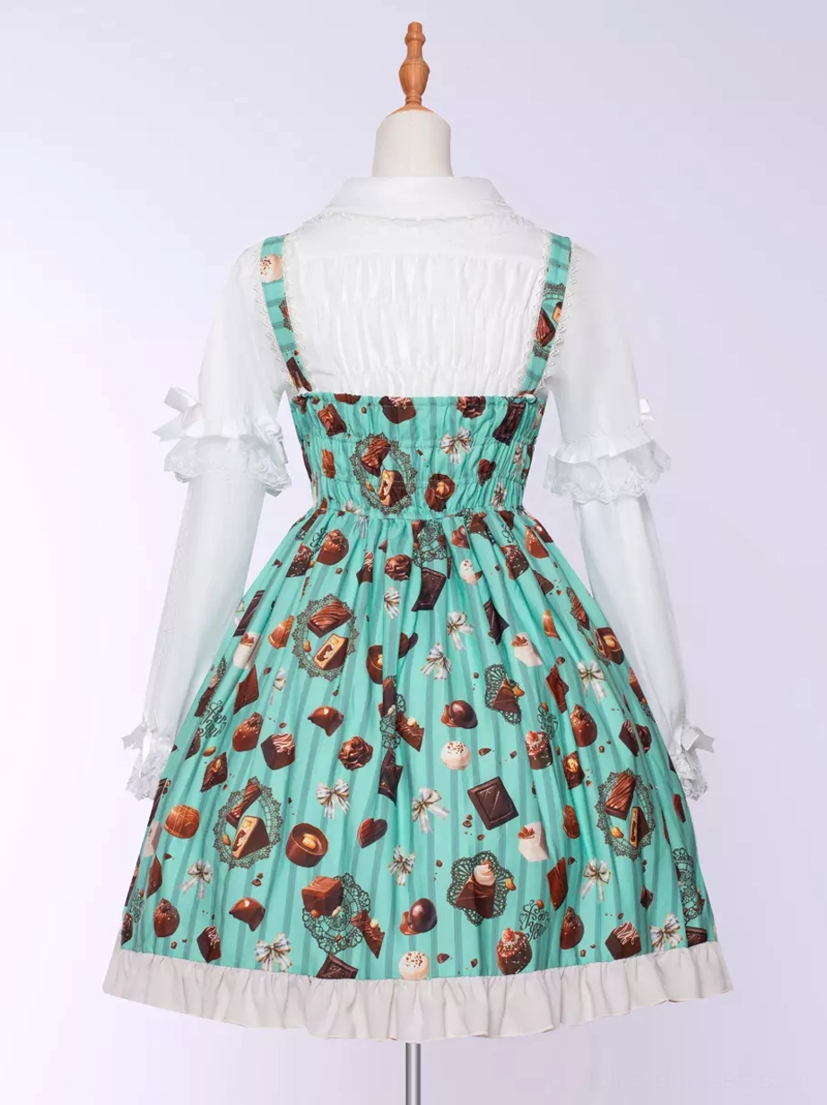 Sweet Lolita mint green JSK dress with chocolate cake print bowknot embellishment and layered ruffles styling photography
