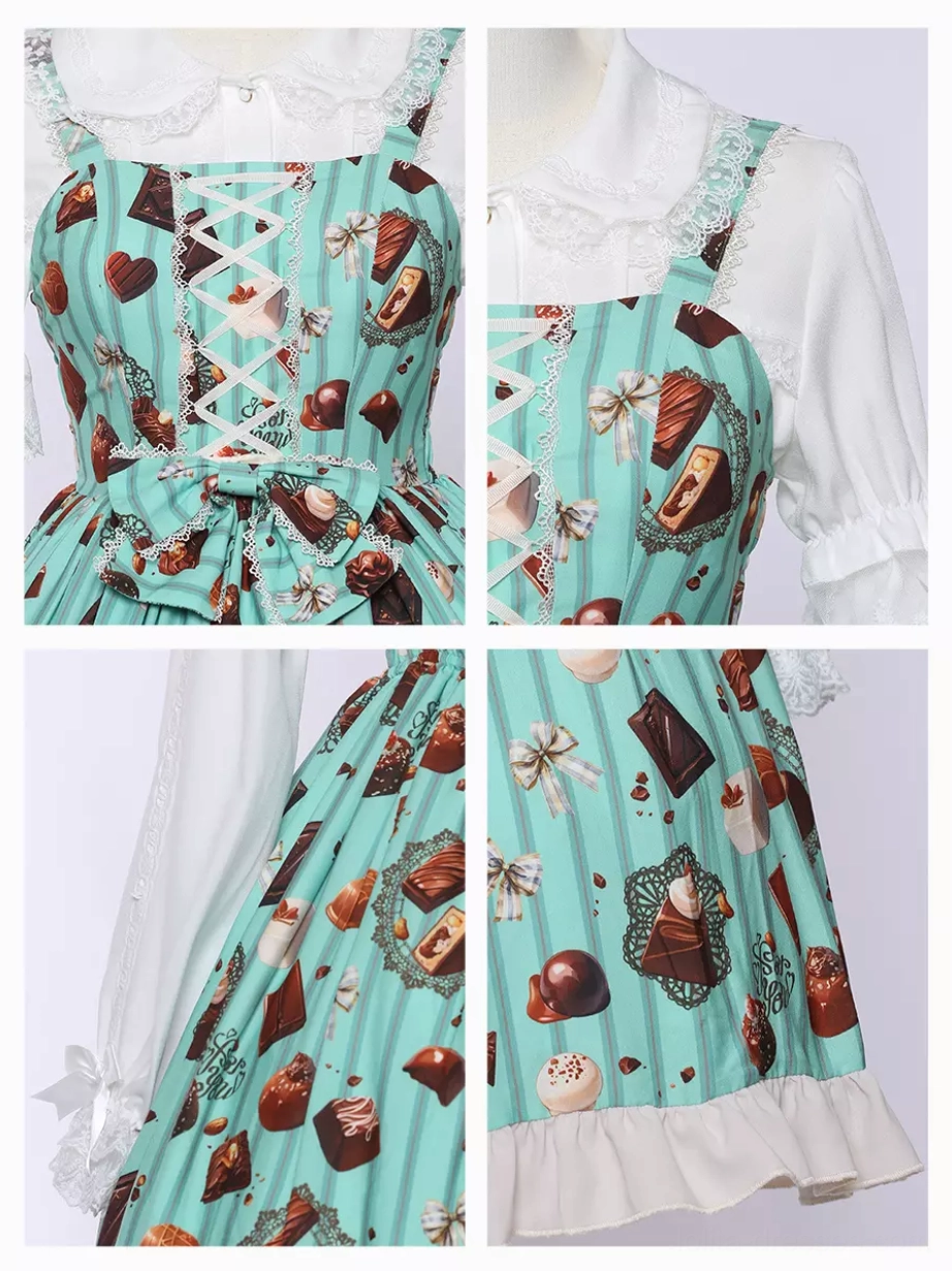 Mint green chocolate cake print sweet Lolita JSK dress sleeve detail showing sleeveless design and top construction quality