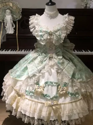 Mint green royal lolita dress with lace frilled straps and bow details sleeveless design