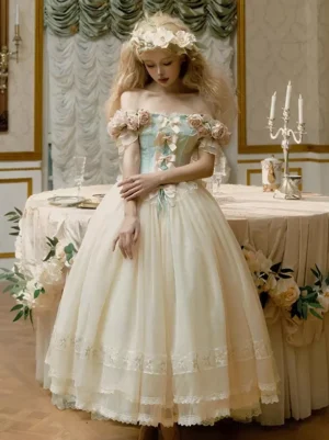 Off-the-shoulder mint classic Lolita dress with cream tulle ball skirt, floral bust decorations, and lace hem trim worn by blonde model with flower crown in vintage banquet setting
