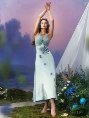 Sweet lolita mint satin fairy midi dress with dimensional blue flowers, full frontal view showcasing flowy skirt and halter neckline