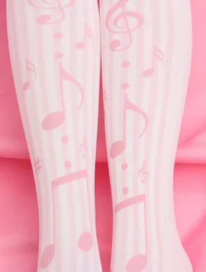 Close-up overhead view of music note themed lolita stockings displaying diverse musical motif prints soft pink and white color scheme vertical striping pattern