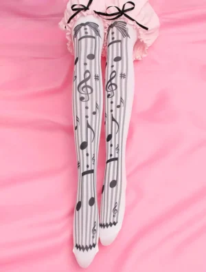 Musical note lolita thigh-high socks with bow trim worn with pink lolita skirt overhead view showcase white base grey stripes black treble clef prints