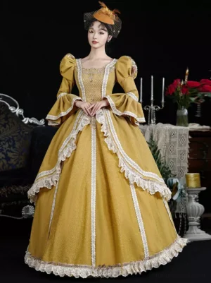 Mustard yellow classic lolita ball gown front view featuring white lace trim, puff bell sleeves, square neckline, and full circle skirt with model wearing vintage mesh headwear