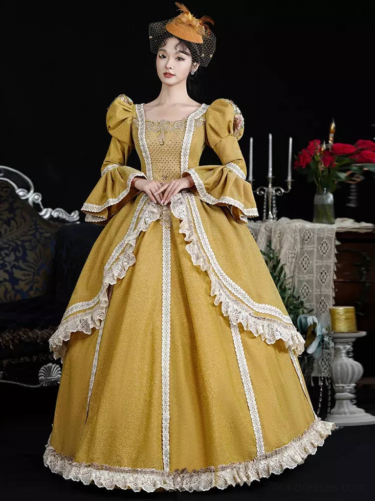 Mustard yellow classic lolita ball gown front view featuring white lace trim, puff bell sleeves, square neckline, and full circle skirt with model wearing vintage mesh headwear