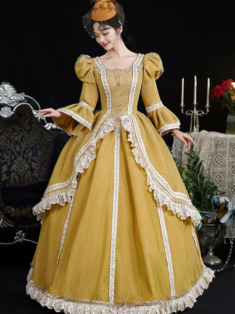 Side profile of vintage-inspired lolita royal gown with square neckline, lace-trimmed skirt, puff sleeves, and model in retro indoor setting