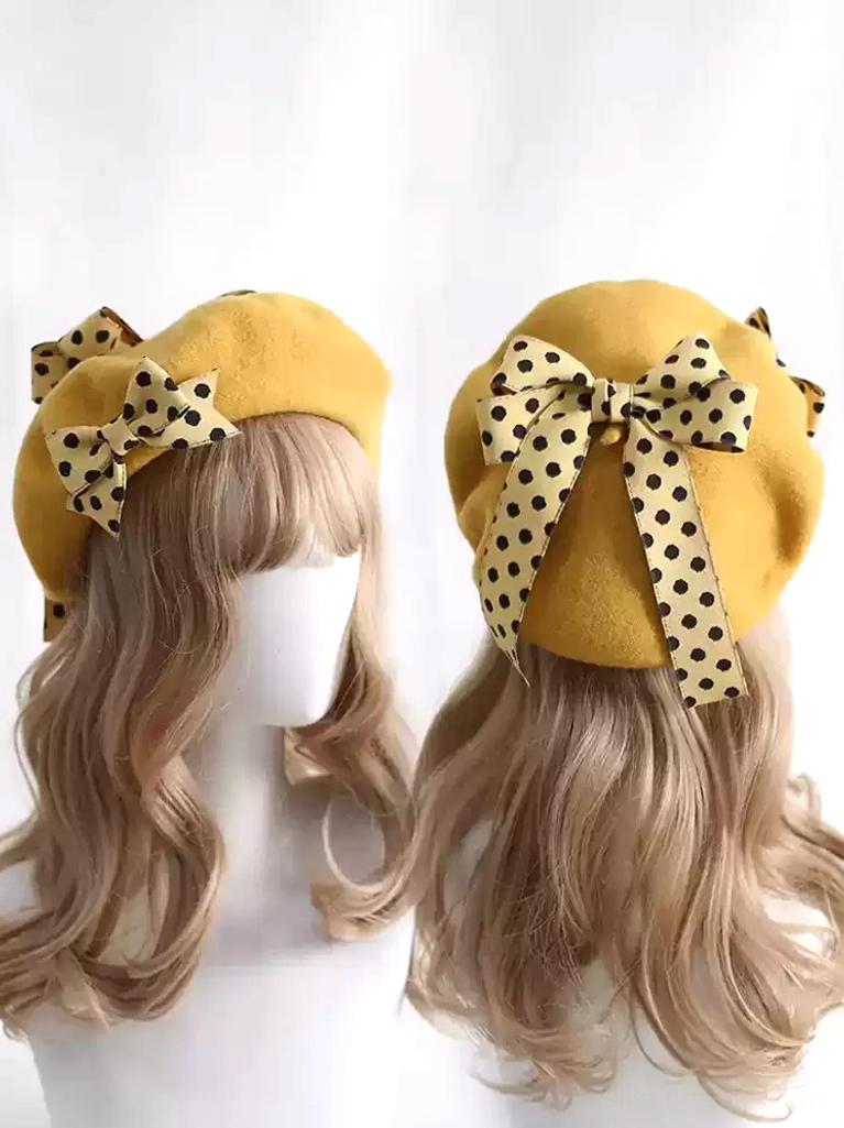 mustard yellow lolita beret with black polka dot ribbon bow lolita headwear front back