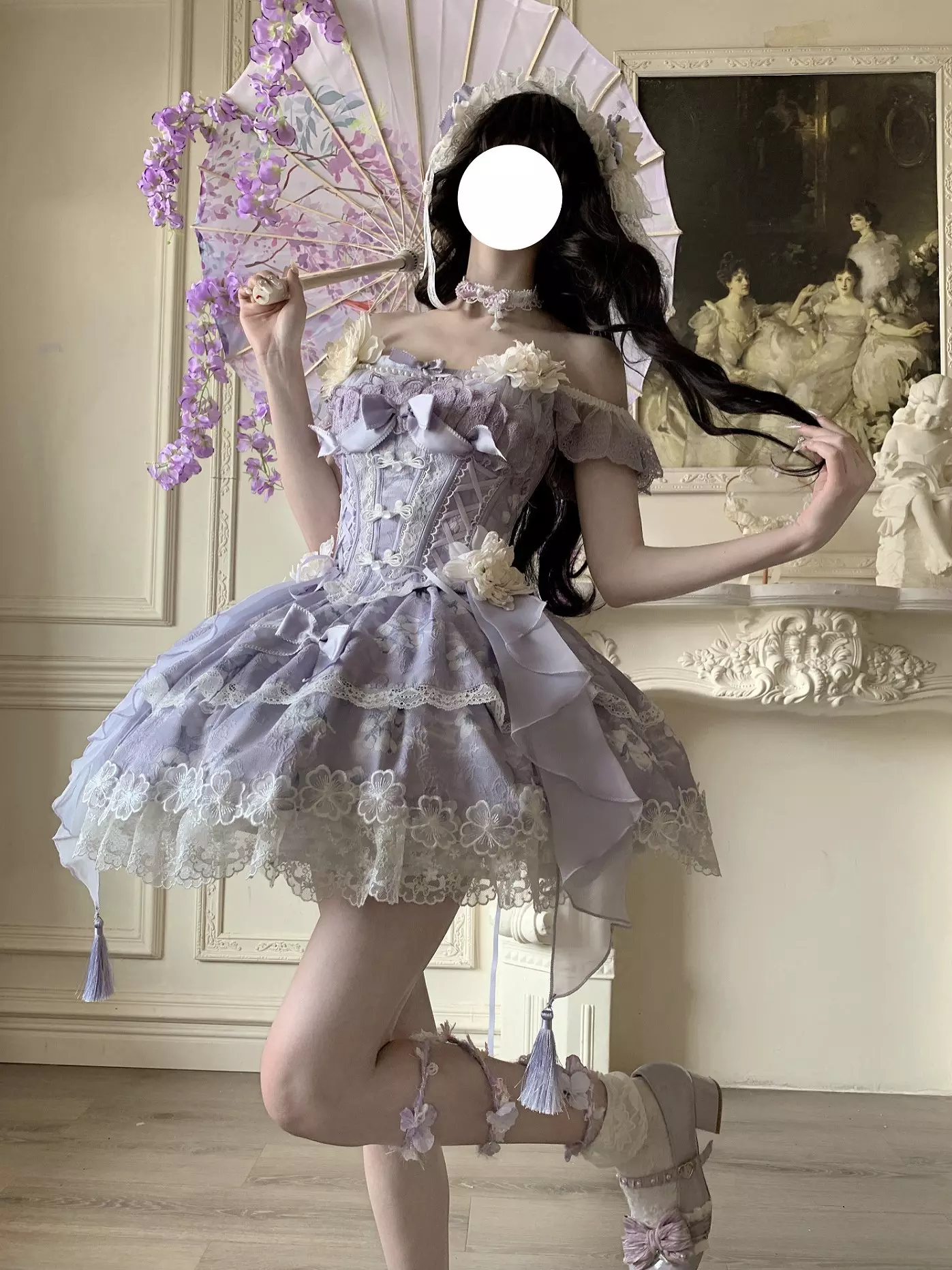 Purple sweet lolita fairy dress low side angle showing asymmetric hem design with tassel decorations and lace trim