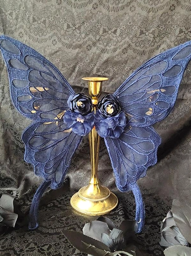Navy blue embroidered texture lace butterfly hair accessory with dark blue flower decoration and navy blue velvet tail straps - sophisticated lolita headwear