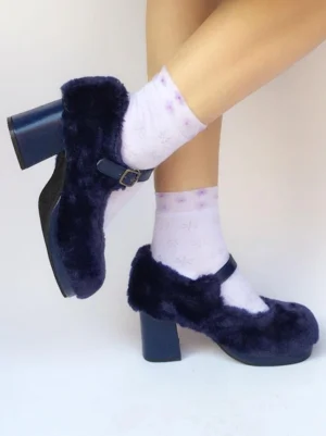 Navy blue fuzzy lolita platform heel side profile worn on model with light purple printed socks showcasing chunky block heel and soft plush upper texture