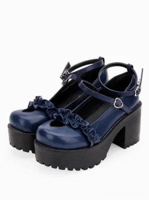 Navy blue heart-cutout platform lolita shoes with ruched vamp and dual heart-buckle straps, paired three-quarter angle display