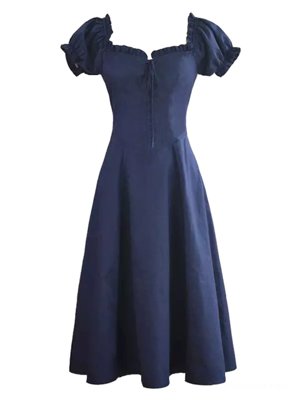 Navy blue puff-sleeve Lolita dress with fitted waist, solid dark blue cotton fabric and graceful A-line skirt silhouette