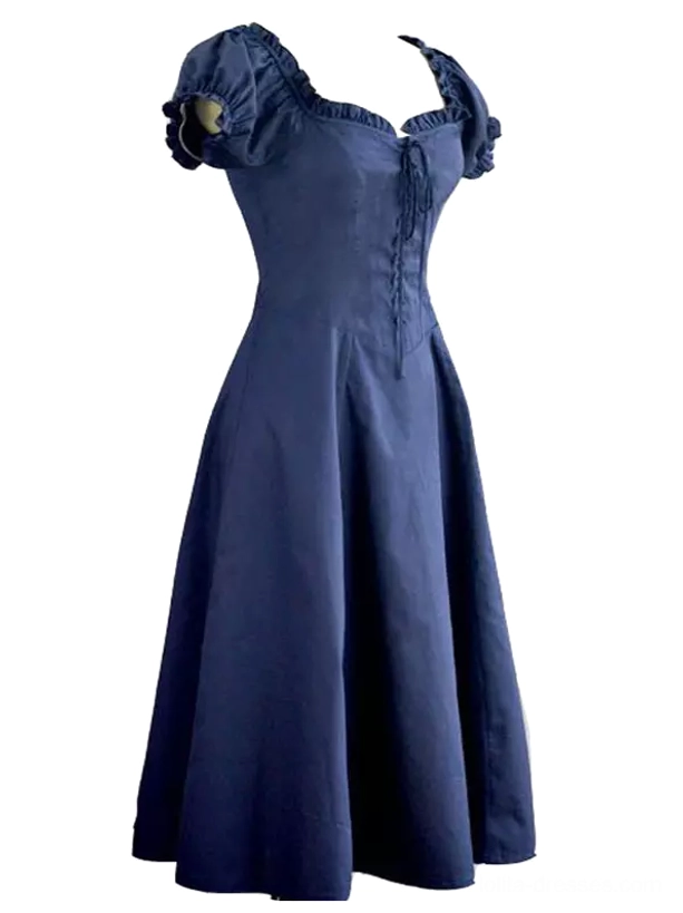 Navy blue Classic Lolita OP dress featuring ruffled square neckline, front lace-up closure, A-line midi skirt perfect for fresh coordinate builds