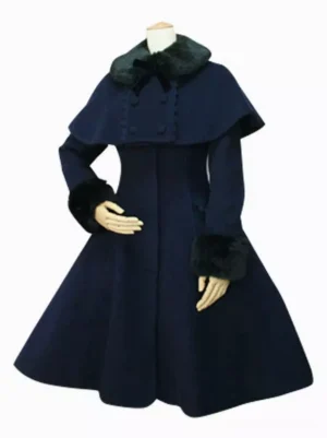 navy blue lolita wool coat with furry trim detachable cape bow collar mannequin front